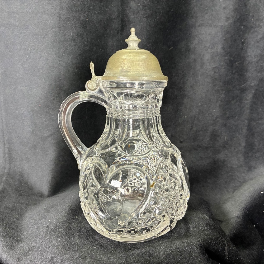 Antique Pressed Glass Syrup Pitcher Pewter Lid Heart Diamond Pattern 5.75in